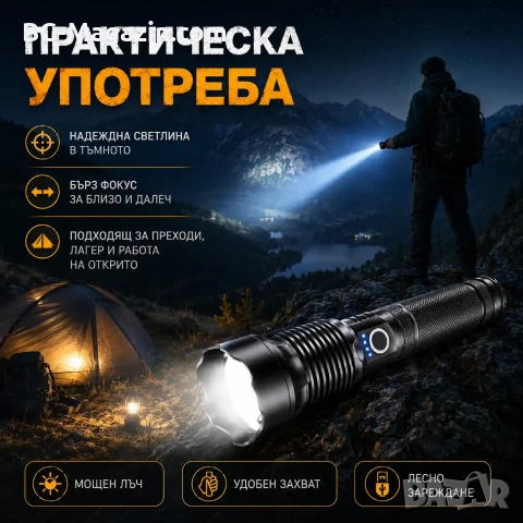 Професионален тактически акумулаторен фенер LED прожектор за лов риболов къмпинг работа аварии, снимка 7 - Къмпинг осветление - 51027590