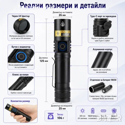 Мощен UV фенер 365nm презареждаем ултравиолетов фенер с черен филтър и Type-C, снимка 6 - Други инструменти - 55123770