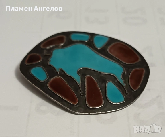 Рядка, ретро брошка, медальон - ЛЮЗМ емайл, посребрен мелхиор. , снимка 2 - Антикварни и старинни предмети - 54094738