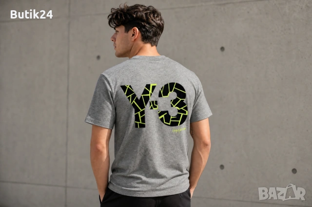Мъжка тениска Y-3 (Yohji Yamamoto × adidas) — сив меланж с лого „Y-3" в неоново зелено, снимка 2 - Тениски - 54911878