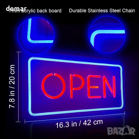 LED неонова табела „OPEN“ за търговски обекти, бар/ресторант (42 см) с верига и димер, снимка 3 - Лед осветление - 54924871