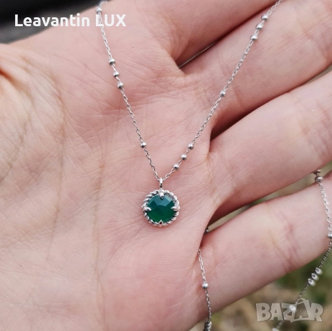 Сребърно колие със зелен оникс, снимка 3 - Колиета, медальони, синджири - 53955917