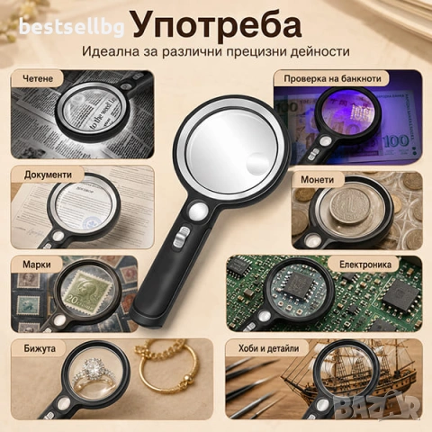Мощна голяма увеличителна ръчна лупа с лед и ув осветление за четене, снимка 3 - Други инструменти - 42365080