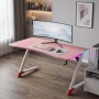 Розово геймърско бюро 140x60x75 см, RGB LED осветление, карбонов плот, стойка за слушалки и напитки, снимка 1
